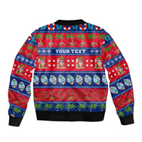 Unisex bomber jacket with holiday pattern, centered YOUR TEXT, black ribbed hem