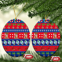 Oval ceramic Christmas ornaments, red and blue tropical holiday pattern with gold hanging cords