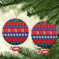 Round ceramic Christmas ornament set, red and blue tropical pattern with hanging loops