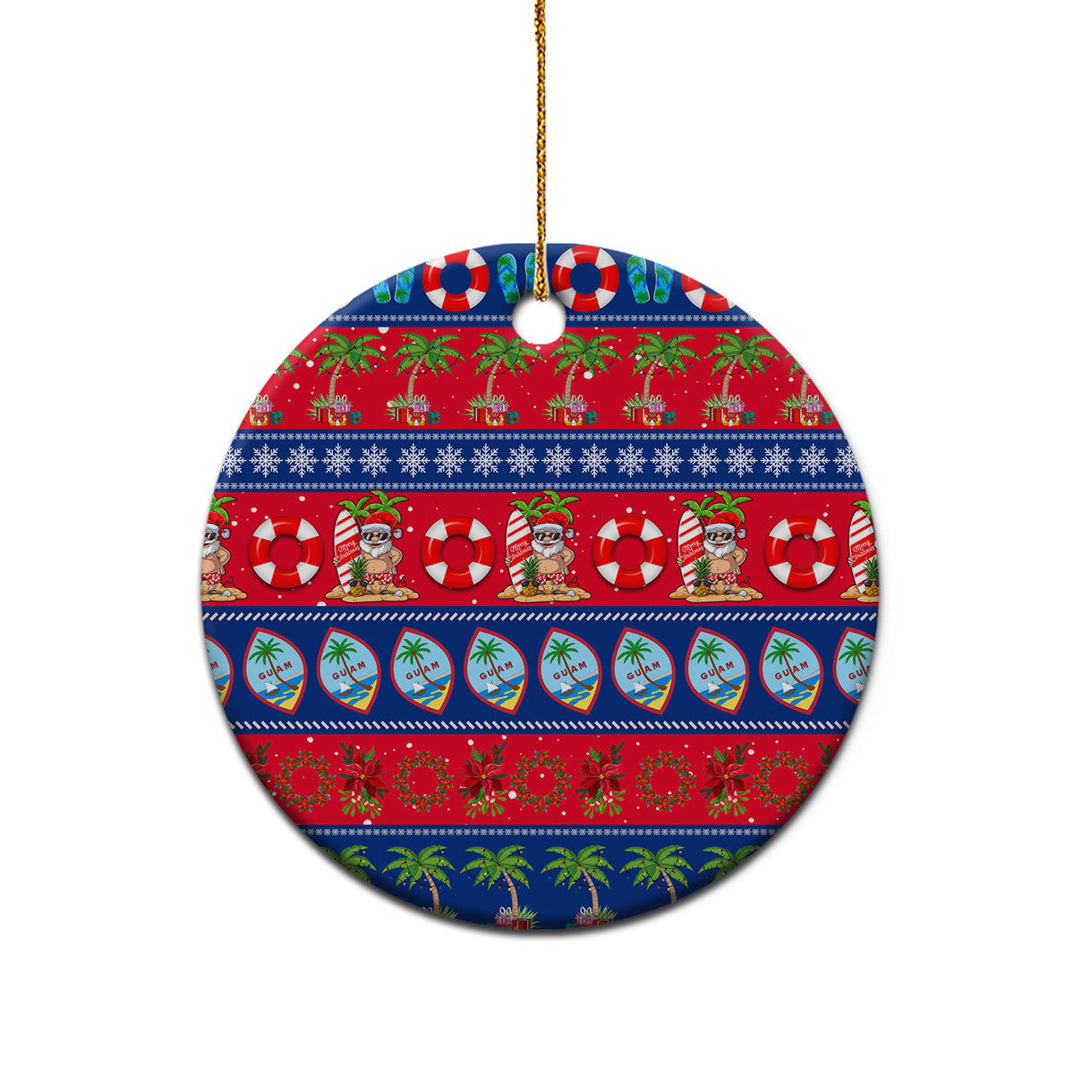 Round ceramic Christmas ornament with gold hanging cord, red and blue tropical pattern