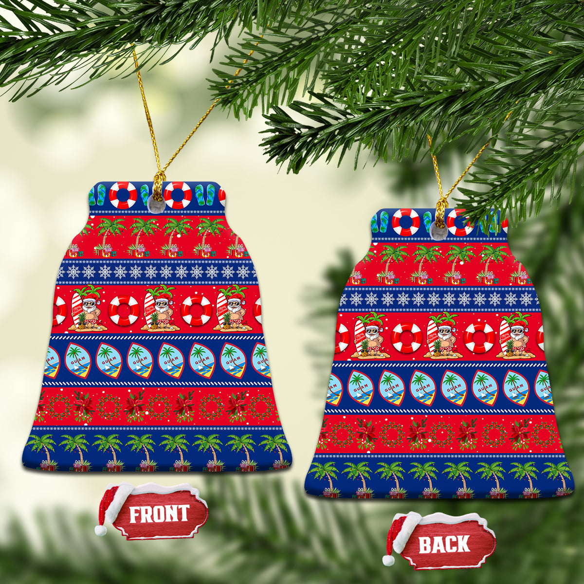Bell-shaped ceramic Christmas ornaments, red and blue tropical holiday pattern with loops