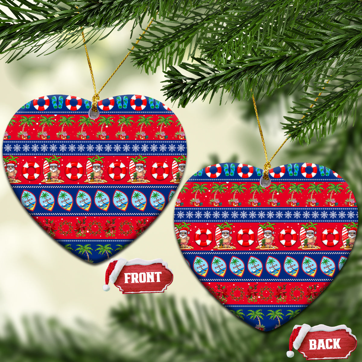 Heart-shaped ceramic Christmas ornaments, red and blue tropical holiday pattern with loops