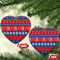 Heart-shaped ceramic Christmas ornaments, red and blue tropical holiday pattern with loops