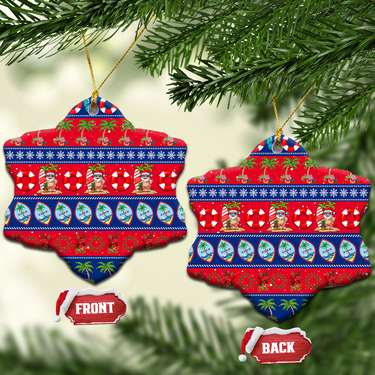 Star-shaped ceramic Christmas ornaments, red and blue tropical holiday pattern with loops