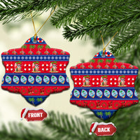 Star-shaped ceramic Christmas ornaments, red and blue tropical holiday pattern with loops