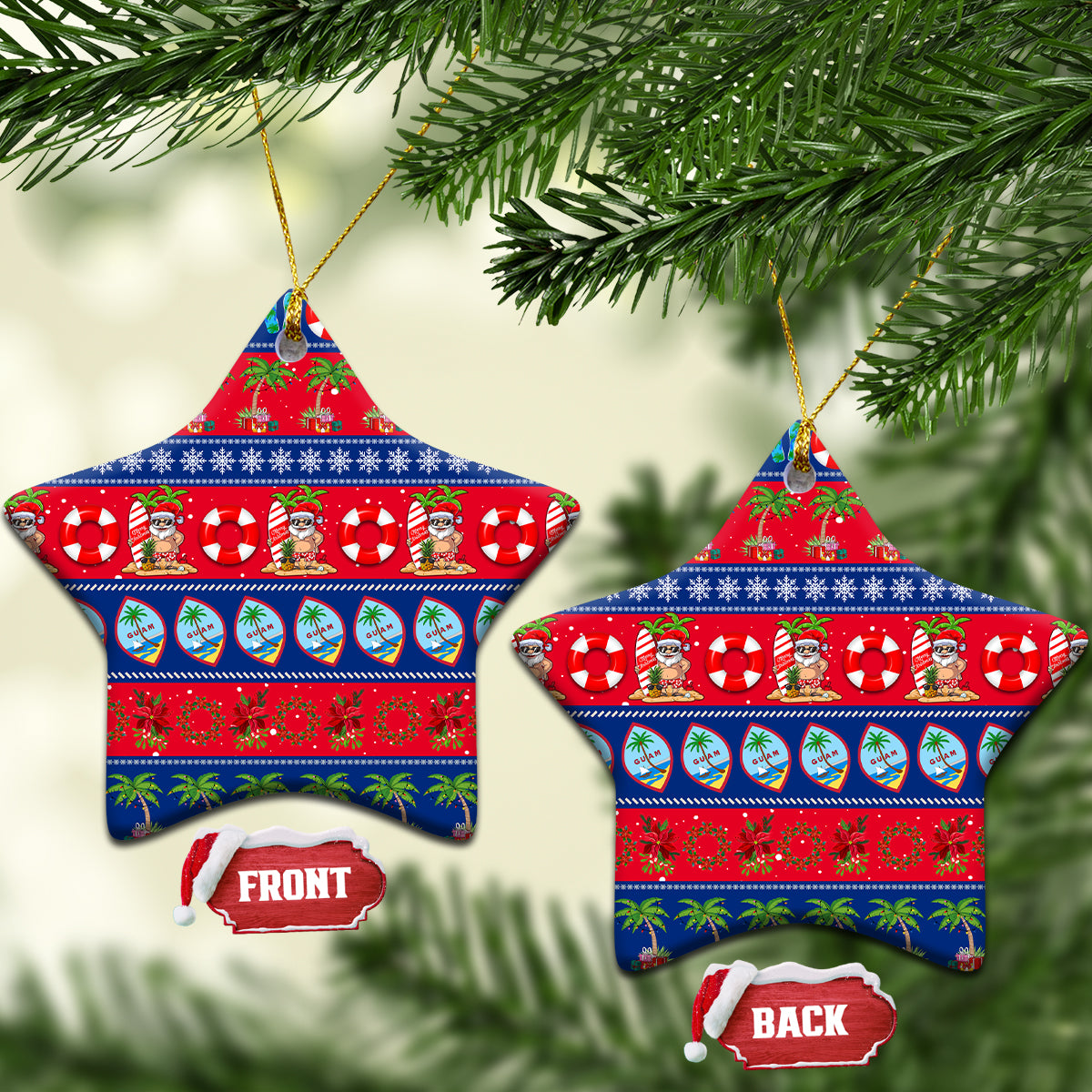 Star-shaped ceramic Christmas ornaments on branches, red and blue tropical holiday pattern