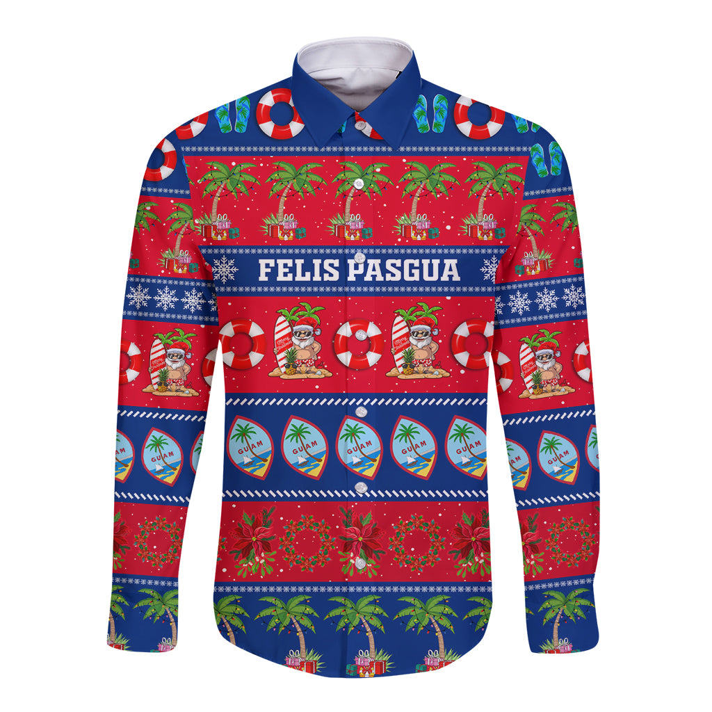 Blue long-sleeve button-up shirt, red holiday print with front text FELIS PASGUA