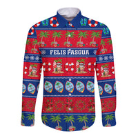 Blue long-sleeve button-up shirt, red holiday print with front text FELIS PASGUA