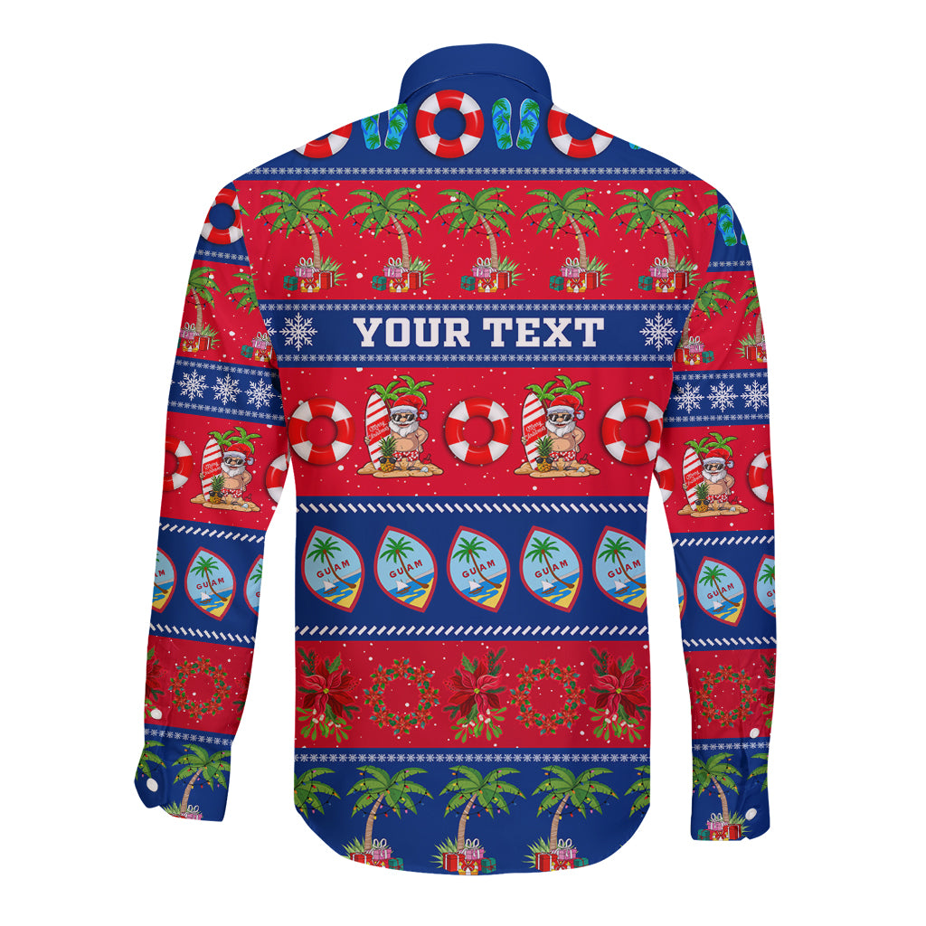 Blue long-sleeve button-up shirt, red holiday print with back text YOUR TEXT