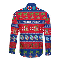 Blue long-sleeve button-up shirt, red holiday print with back text YOUR TEXT
