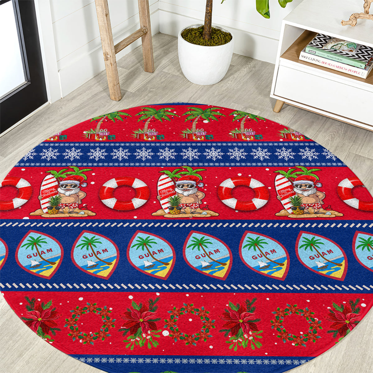 Blue and red round Christmas rug with ornaments, candy cane and holiday icons