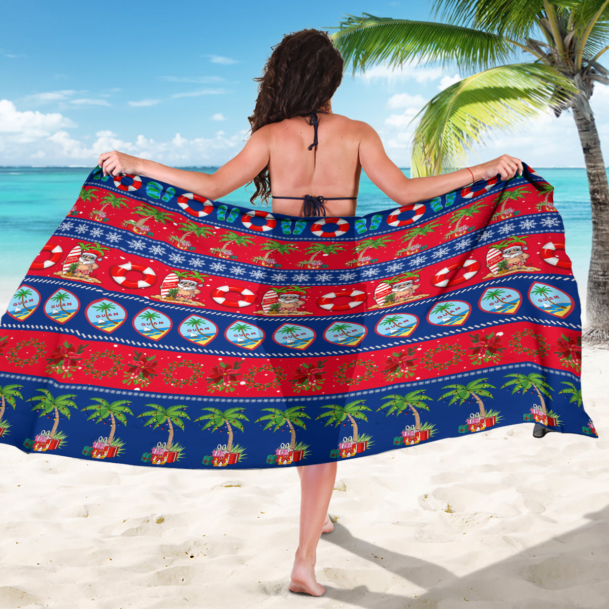 Christmas sarong shown from back: red and blue festive stripe pattern