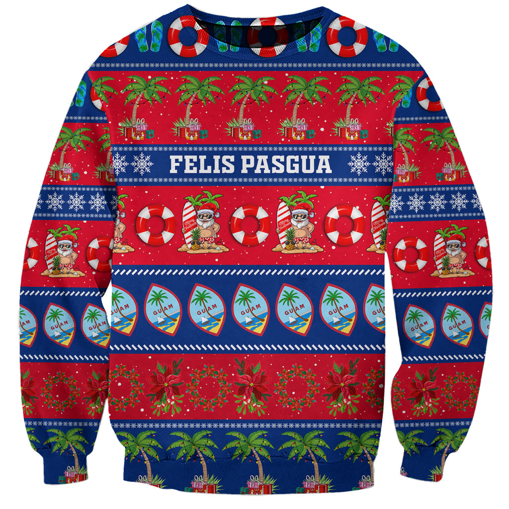 Blue Christmas sweatshirt, red green festive print with 'FELIS PASGUA' graphic