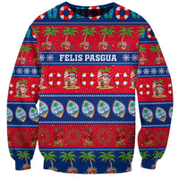 Blue Christmas sweatshirt, red green festive print with 'FELIS PASGUA' graphic
