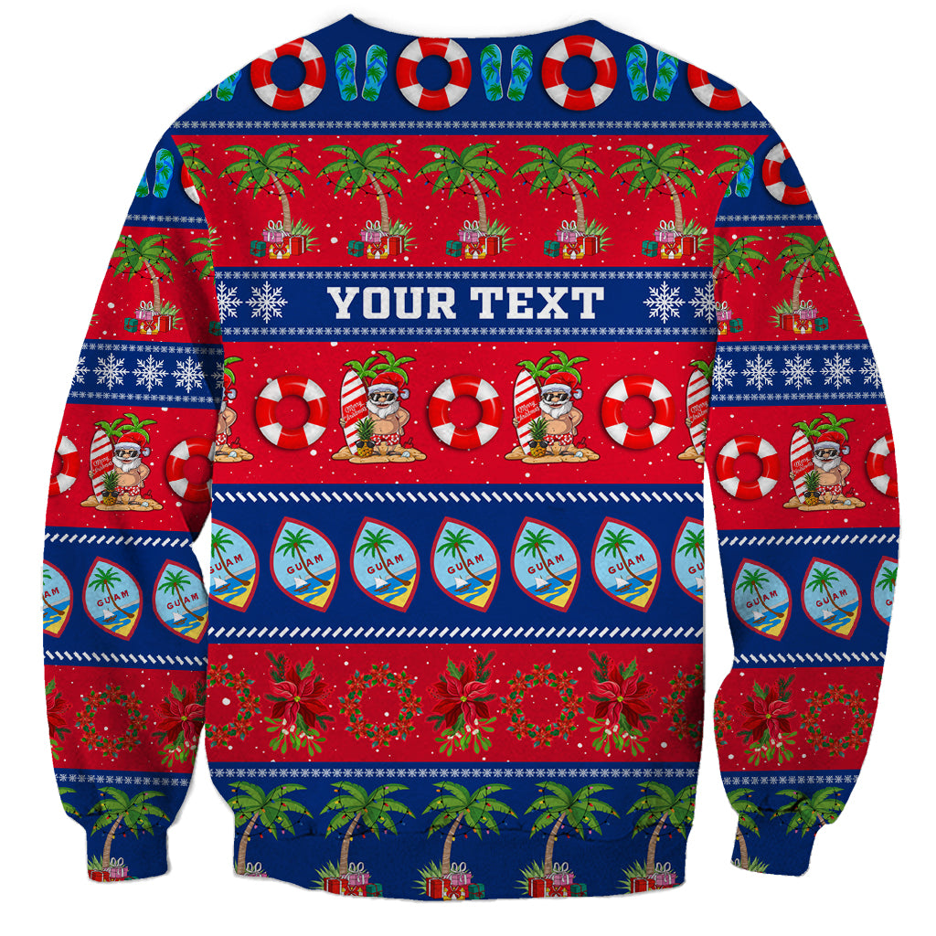Blue Christmas sweatshirt with red green holiday pattern and 'YOUR TEXT' front print