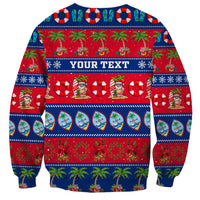 Blue Christmas sweatshirt with red green holiday pattern and 'YOUR TEXT' front print
