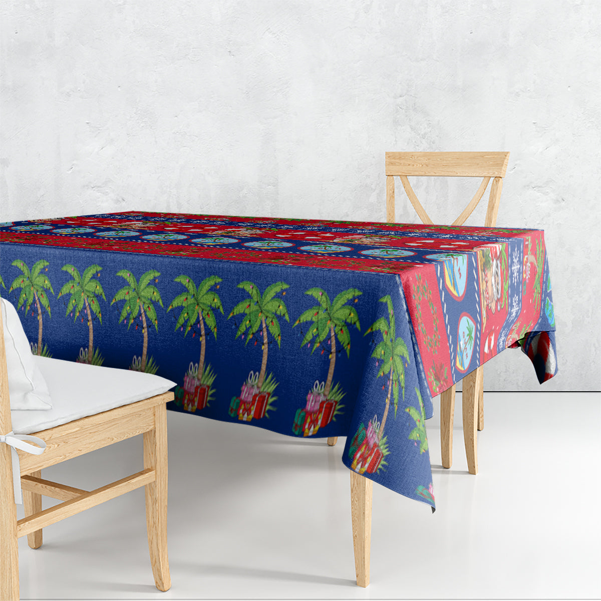 Guam Christmas tablecloth draped over dining table with blue, red palm pattern