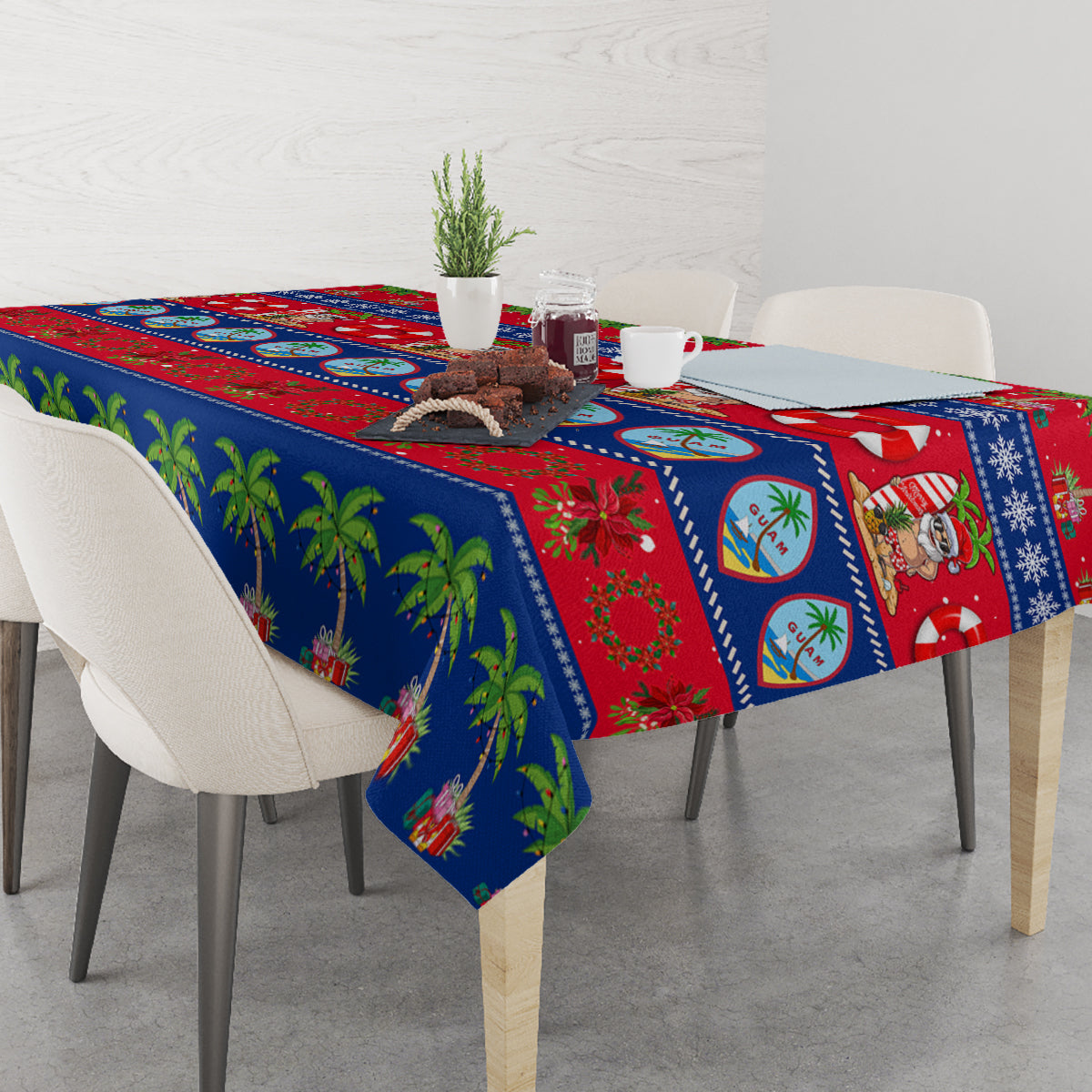 Guam Christmas tablecloth corner drape with blue base, red palm and festive icons