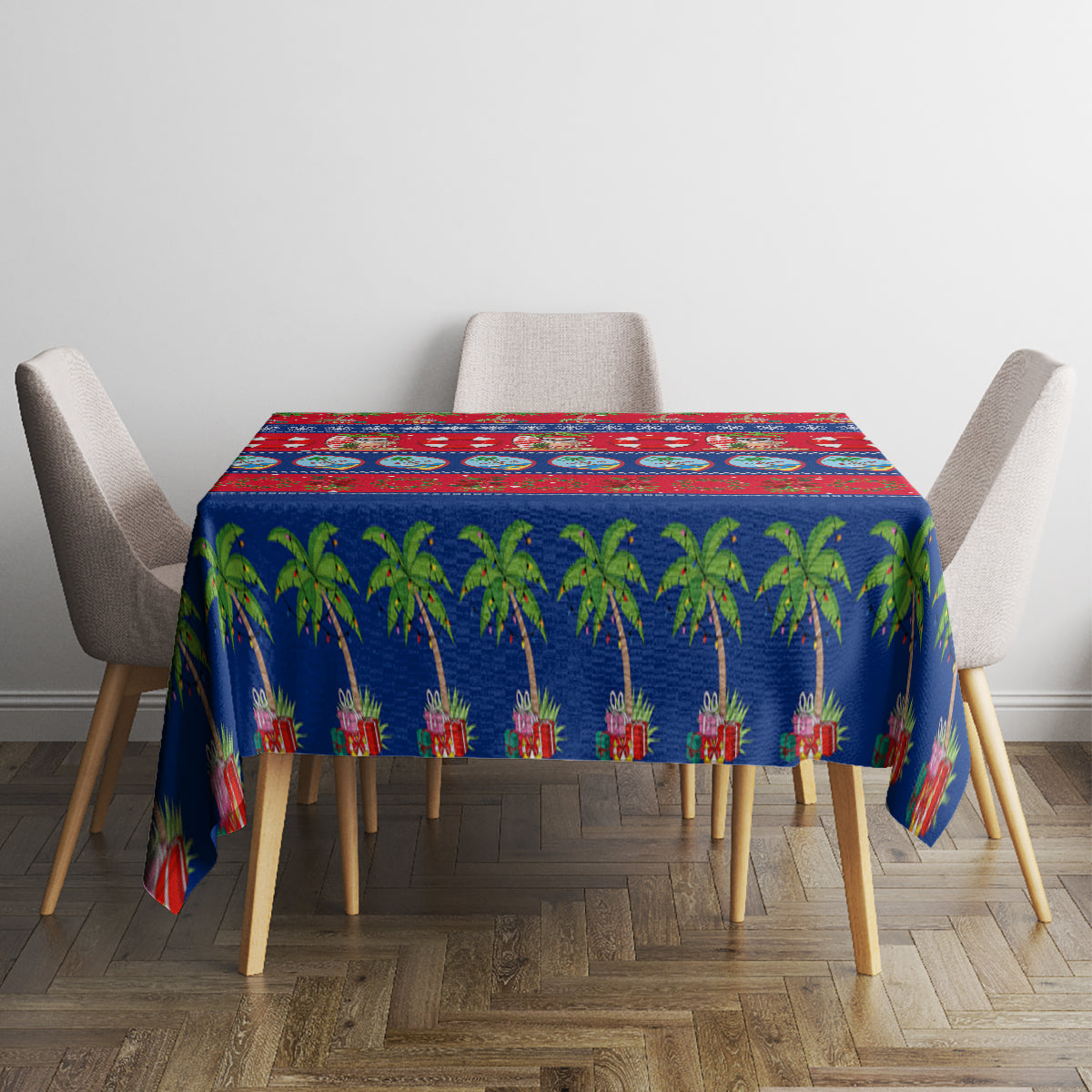 Guam Christmas tablecloth on square table with blue and red palm holiday design