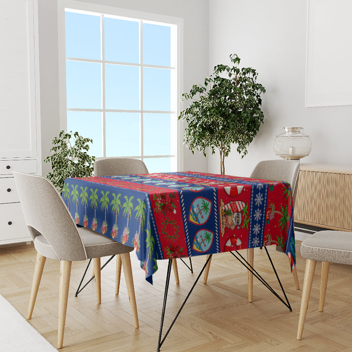 Guam Christmas tablecloth on dining table with blue-red palm holiday pattern