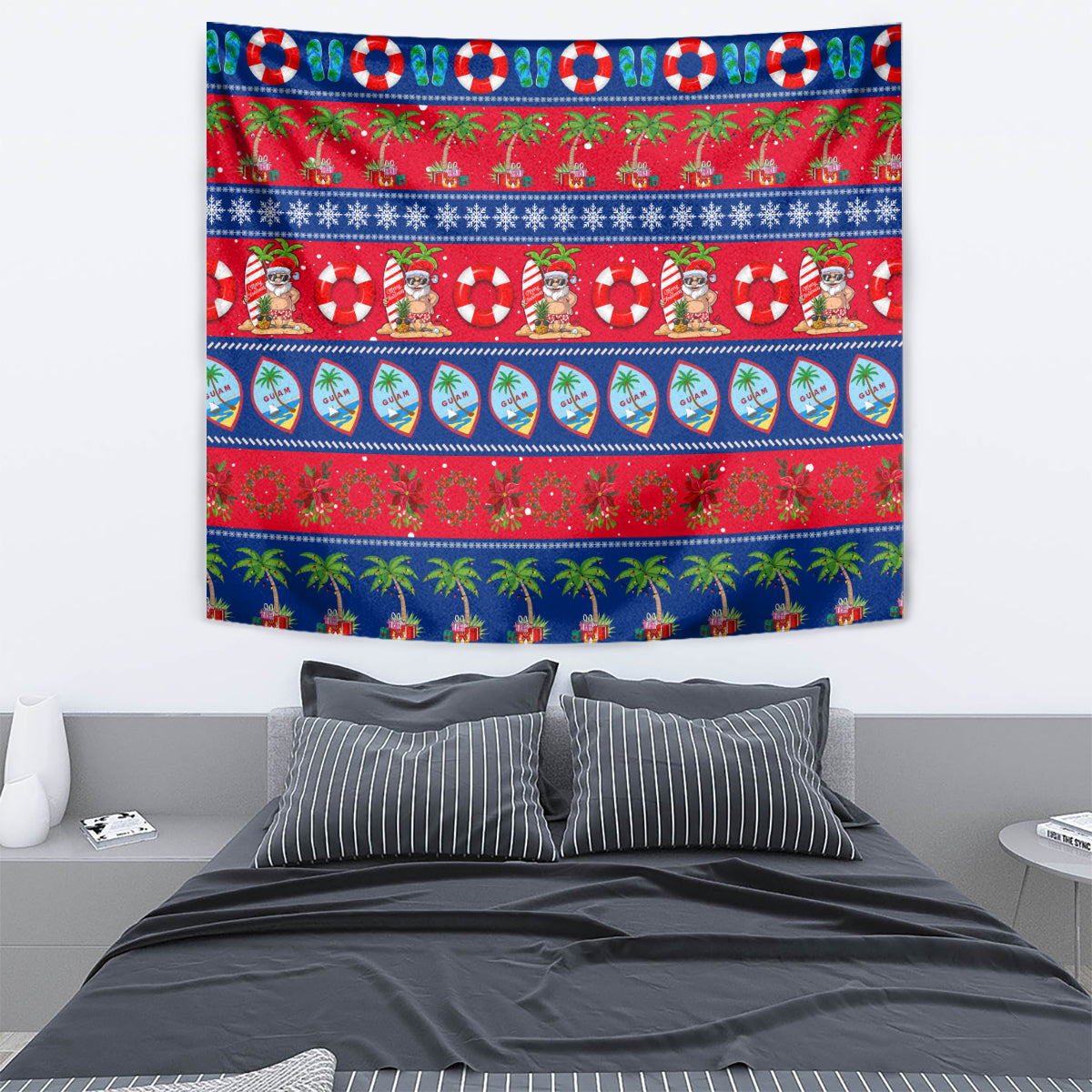Christmas tapestry panel with red background, blue border, palm rows, and holiday character band