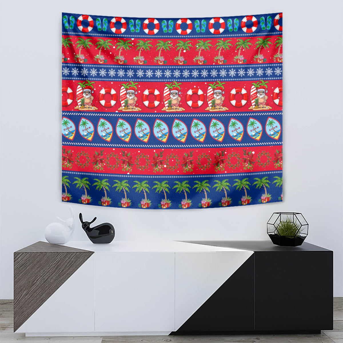 Wall-hanging Christmas tapestry featuring red, blue, and green stripes with palms and holiday icons