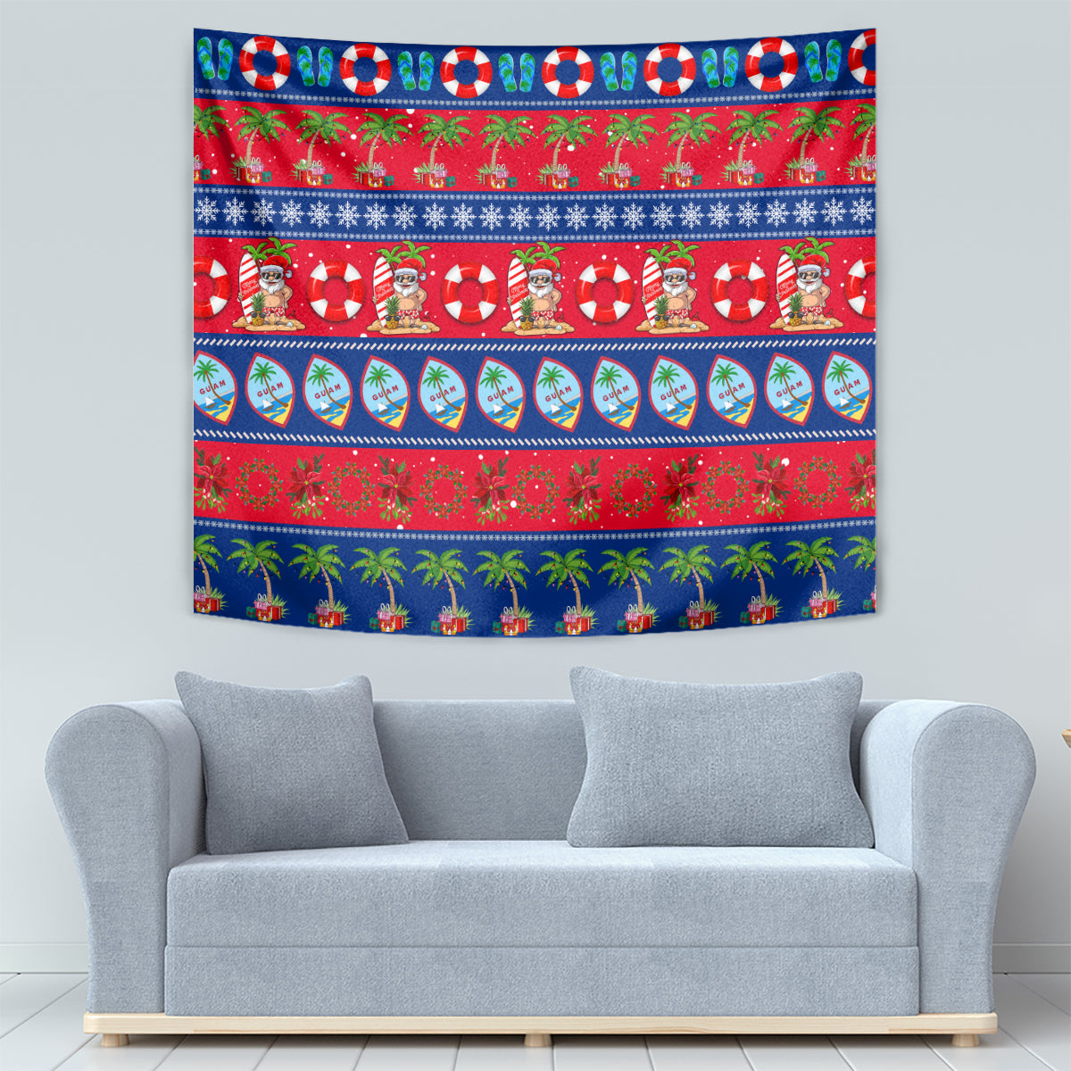 Christmas tapestry with red and blue bands, palm motifs, and repeated holiday character faces