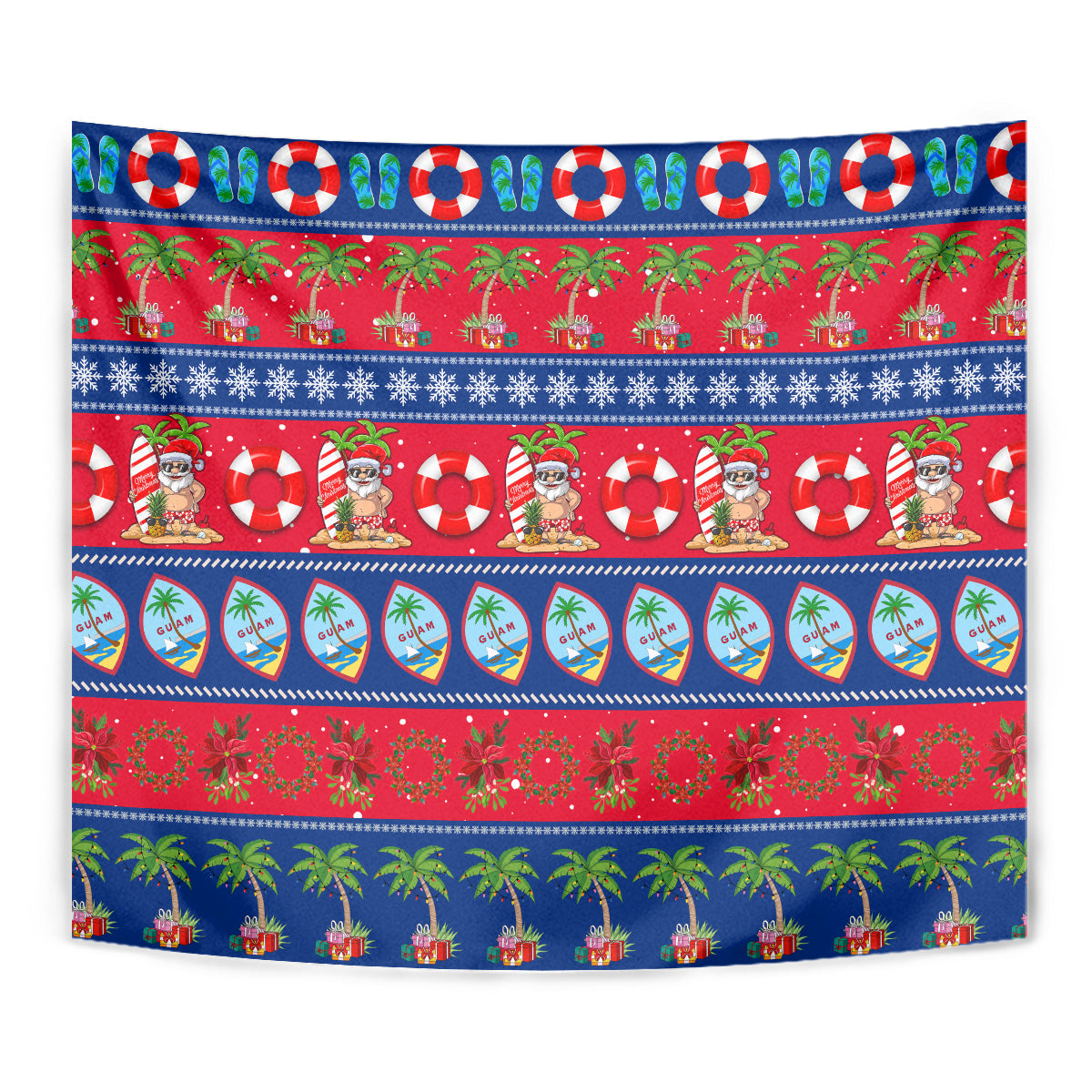 Christmas tapestry close-up with red, blue, and green tropical palms and holiday character row