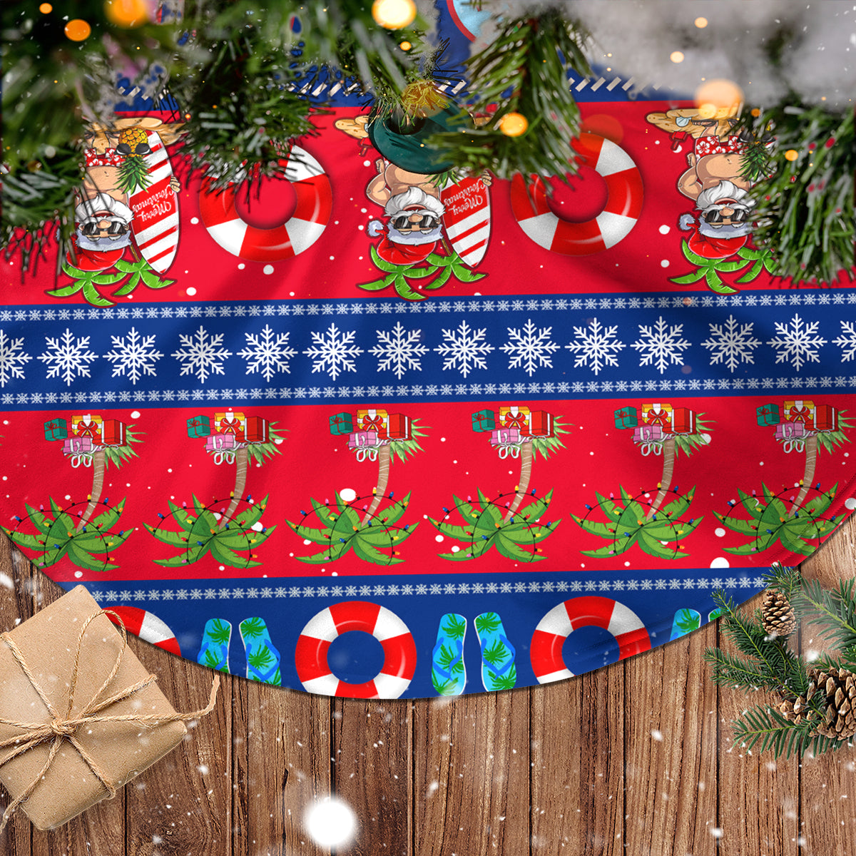 Red and blue circular Christmas tree skirt with tropical pattern, ornaments, and fringe edge