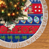 Blue and red Christmas tree skirt with Guam tropical print and white rope fringe edge