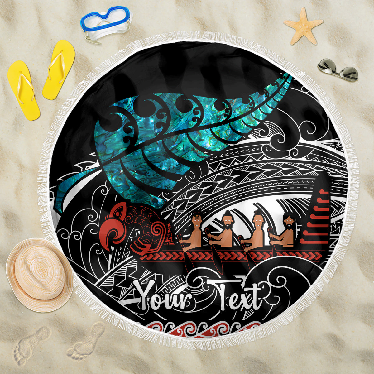 Round black beach blanket with fringed edge, turquoise and red Maori-inspired design, Your Text