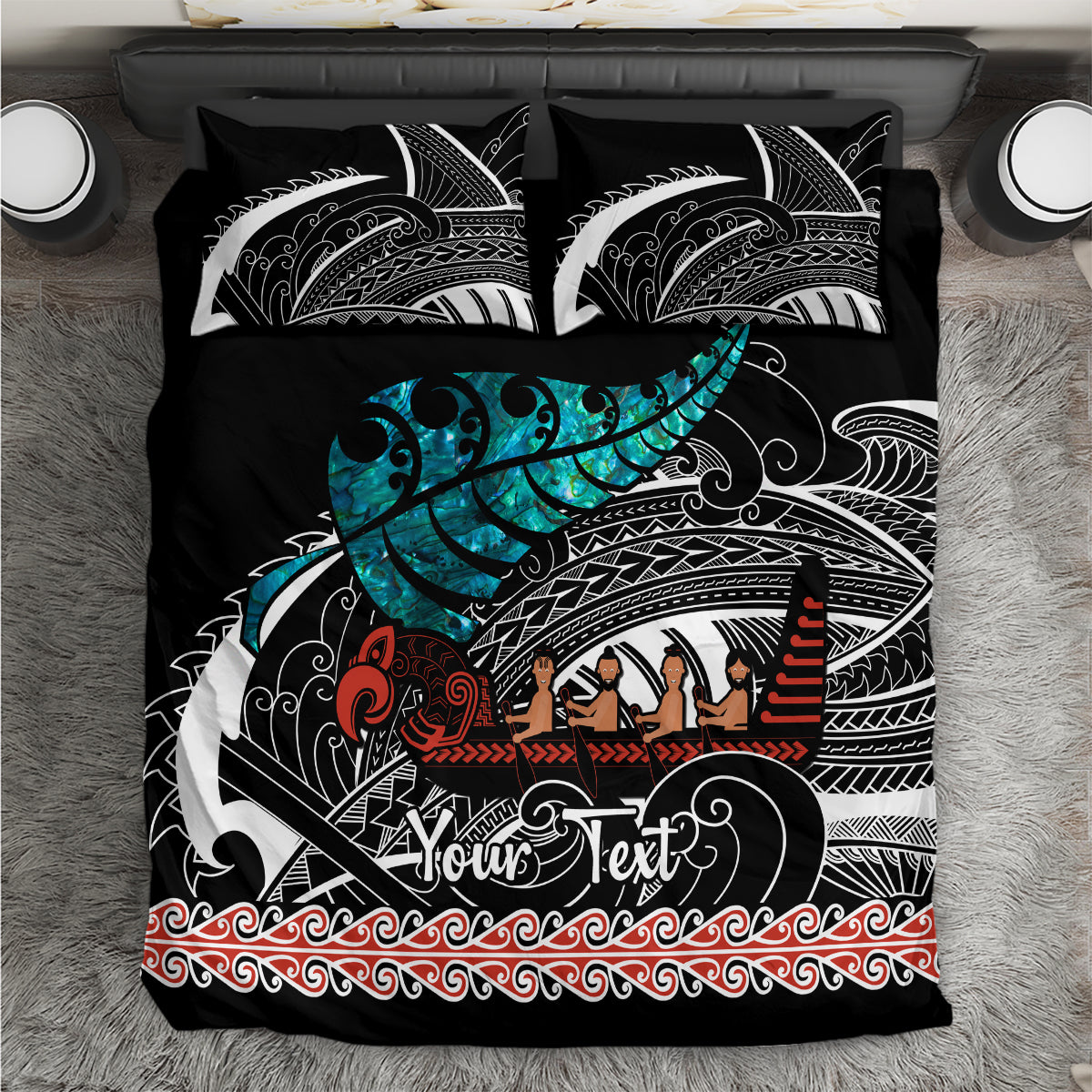 Black bedding set with large waka-style pattern in blue, red, and white
