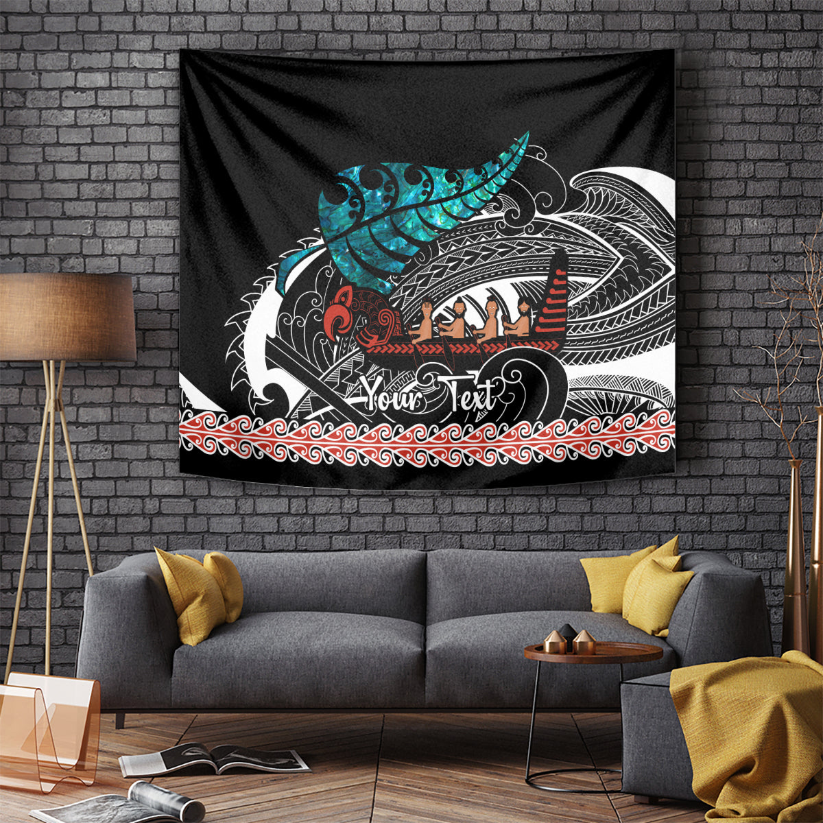 Black New Zealand waka tapestry with turquoise and white silver fern, 'Your Text' graphic