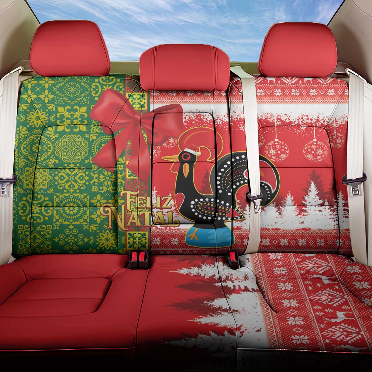 Portugal Christmas Back Car Seat Cover Barcelos Rooster Mix Azulejo Pattern - Feliz Natal - Wonder Print Shop