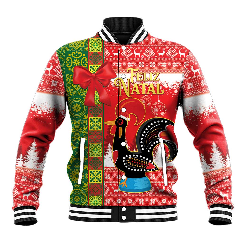 Red baseball jacket with black/white striped collar, cuffs, and green back panel with bow
