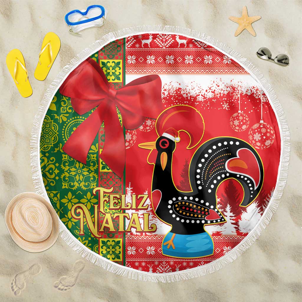 Round Christmas beach blanket with rooster, Feliz Natal, and red green white tile-style pattern