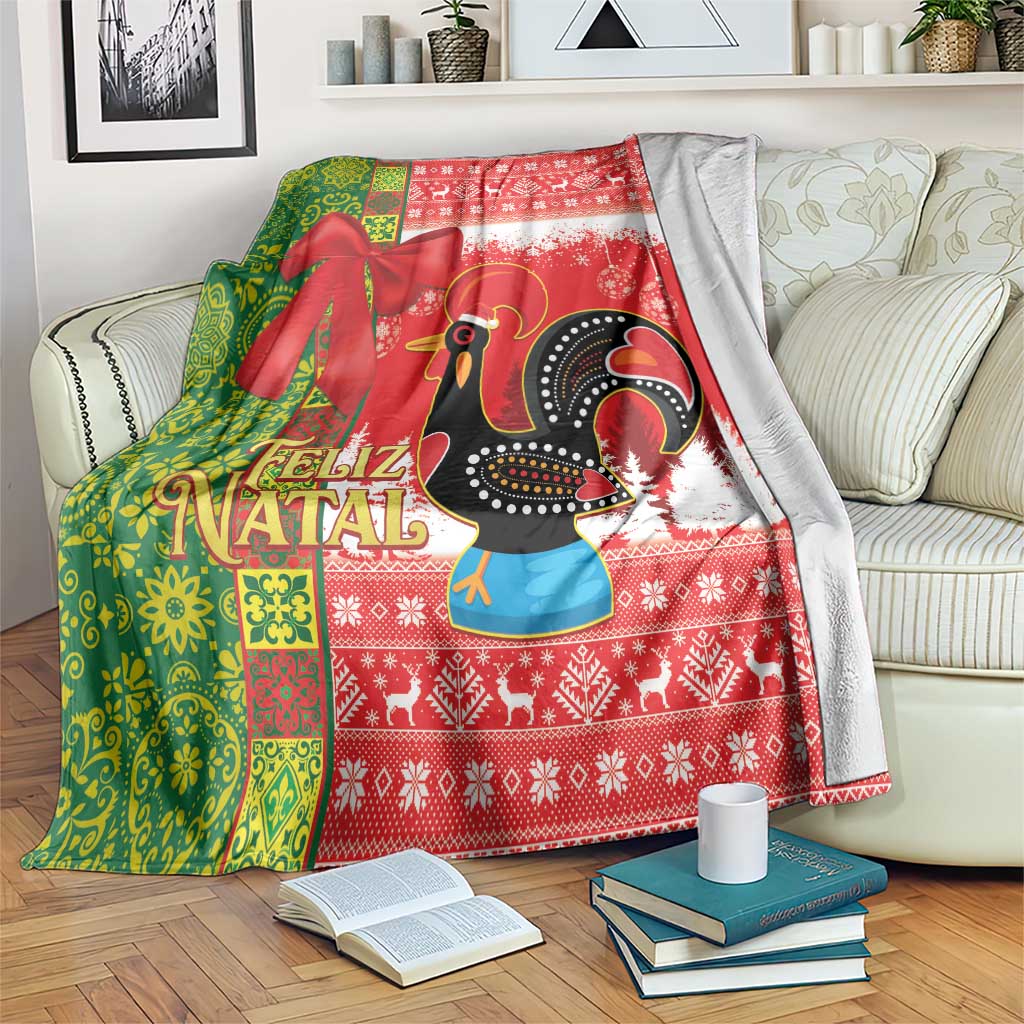 Christmas throw blanket with rooster graphic, red and green Feliz Natal azulejo pattern