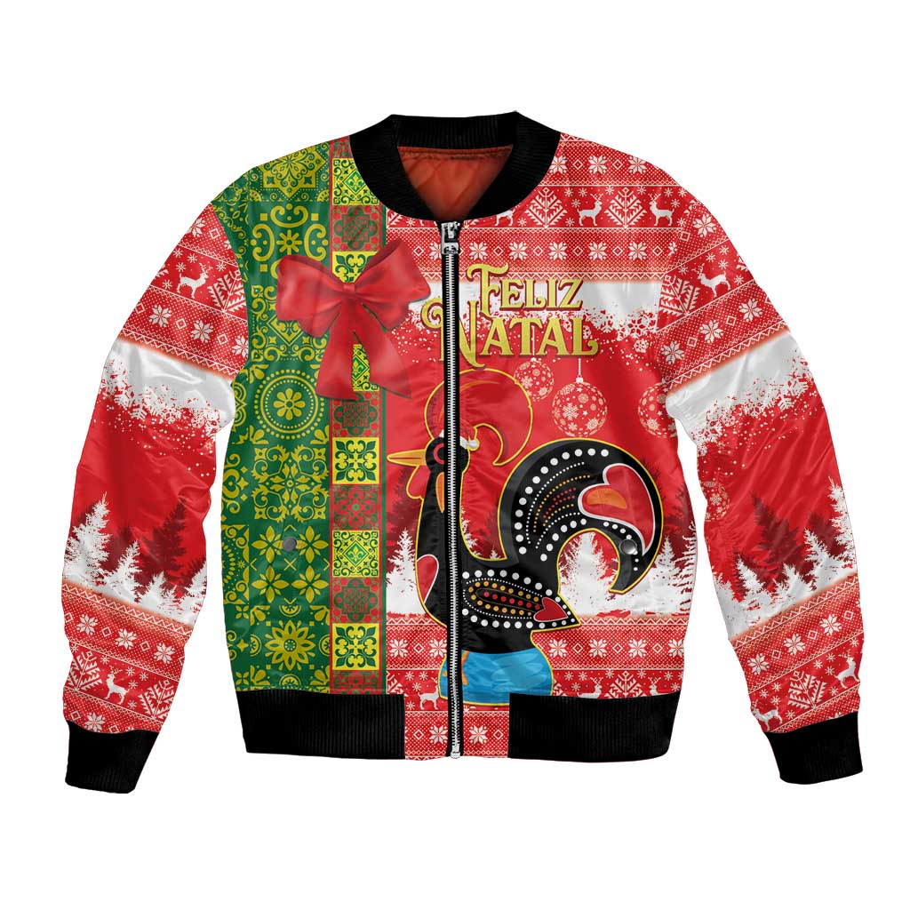 Unisex red and green Christmas bomber jacket with rooster graphic and bow