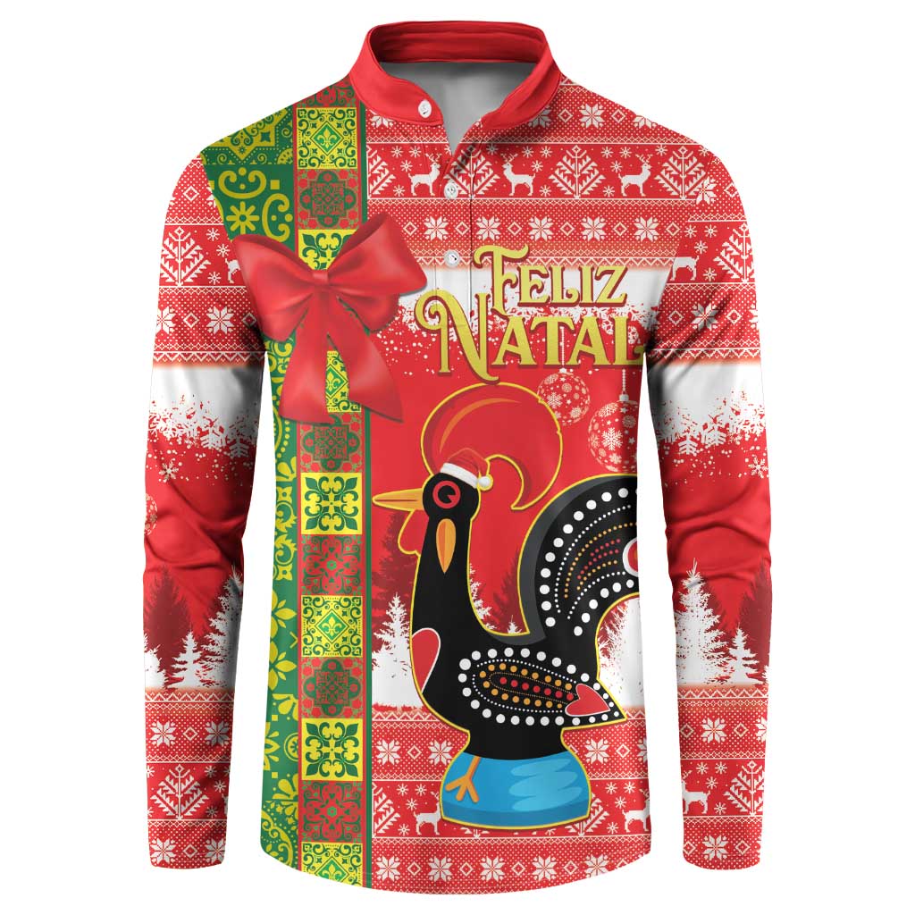Red button sweatshirt with Feliz Natal rooster graphic, green panel, ribbon bow, front