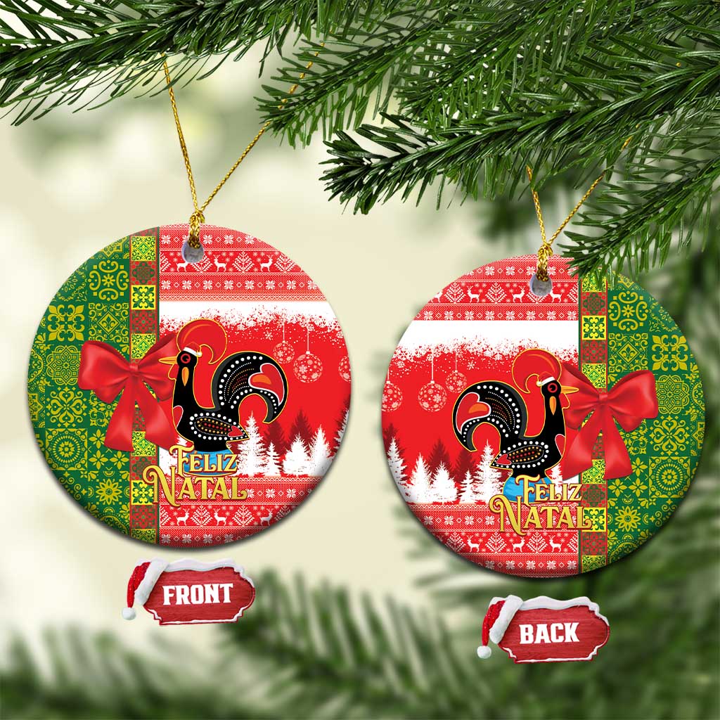 Round ceramic rooster Christmas ornament with red Feliz Natal text and green patterned panels