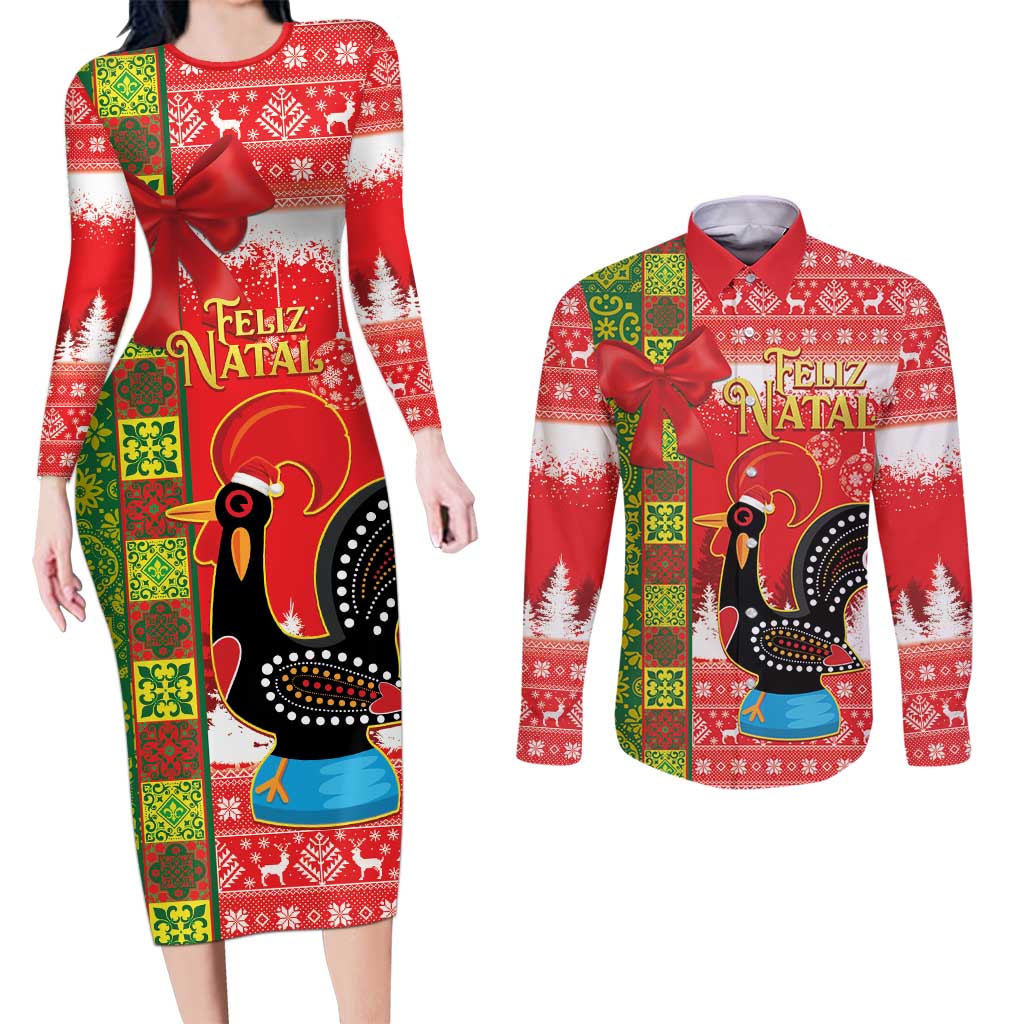 Portugal Christmas Couples Matching Long Sleeve Bodycon Dress and Long Sleeve Button Shirt Barcelos Rooster Mix Azulejo Pattern - Feliz Natal - Wonder Print Shop