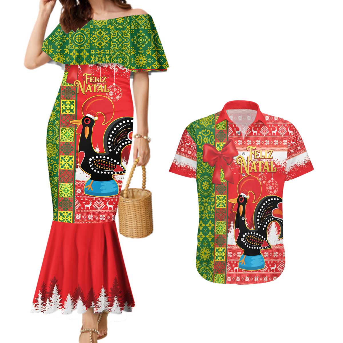 Portugal Christmas Couples Matching Mermaid Dress and Hawaiian Shirt Barcelos Rooster Mix Azulejo Pattern - Feliz Natal - Wonder Print Shop