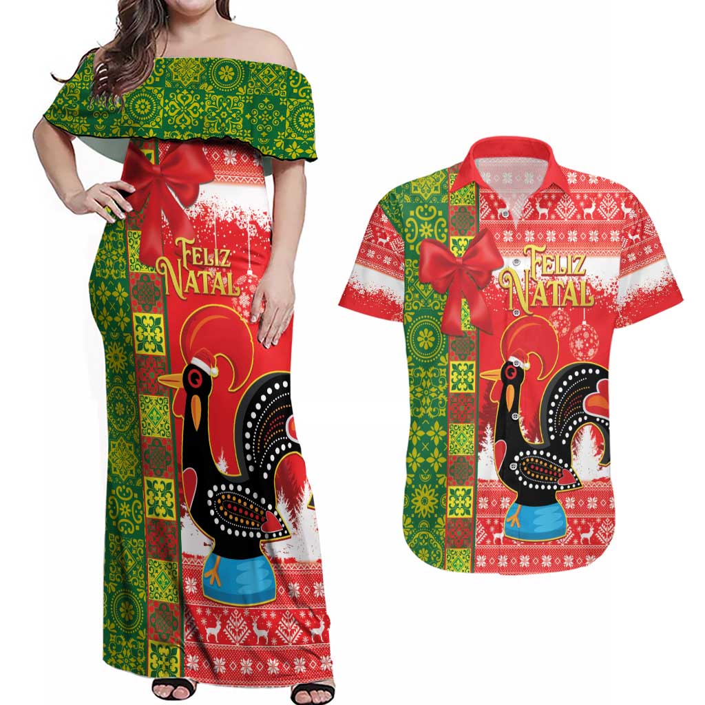 Portugal Christmas Couples Matching Off Shoulder Maxi Dress and Hawaiian Shirt Barcelos Rooster Mix Azulejo Pattern - Feliz Natal - Wonder Print Shop