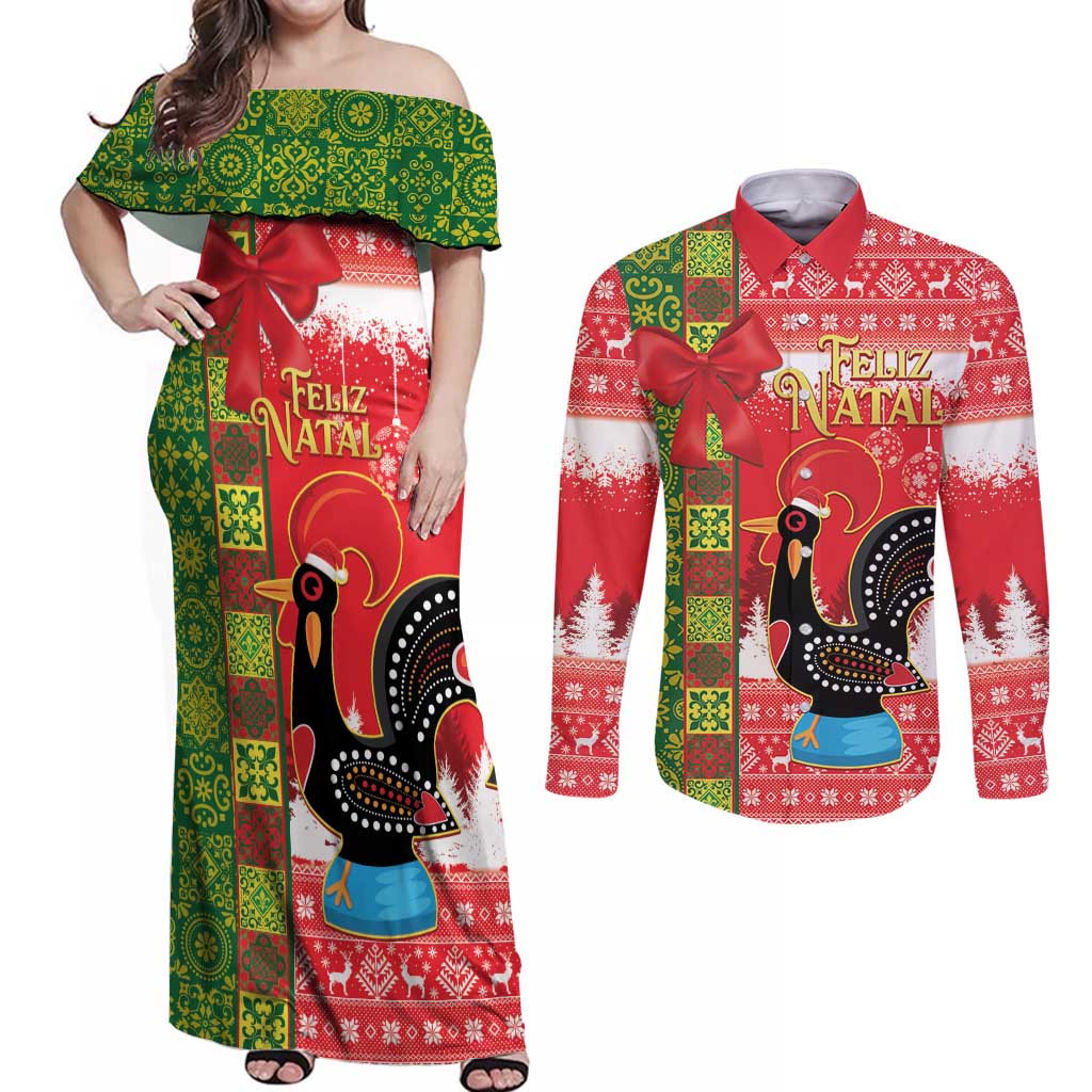 Portugal Christmas Couples Matching Off Shoulder Maxi Dress and Long Sleeve Button Shirt Barcelos Rooster Mix Azulejo Pattern - Feliz Natal - Wonder Print Shop