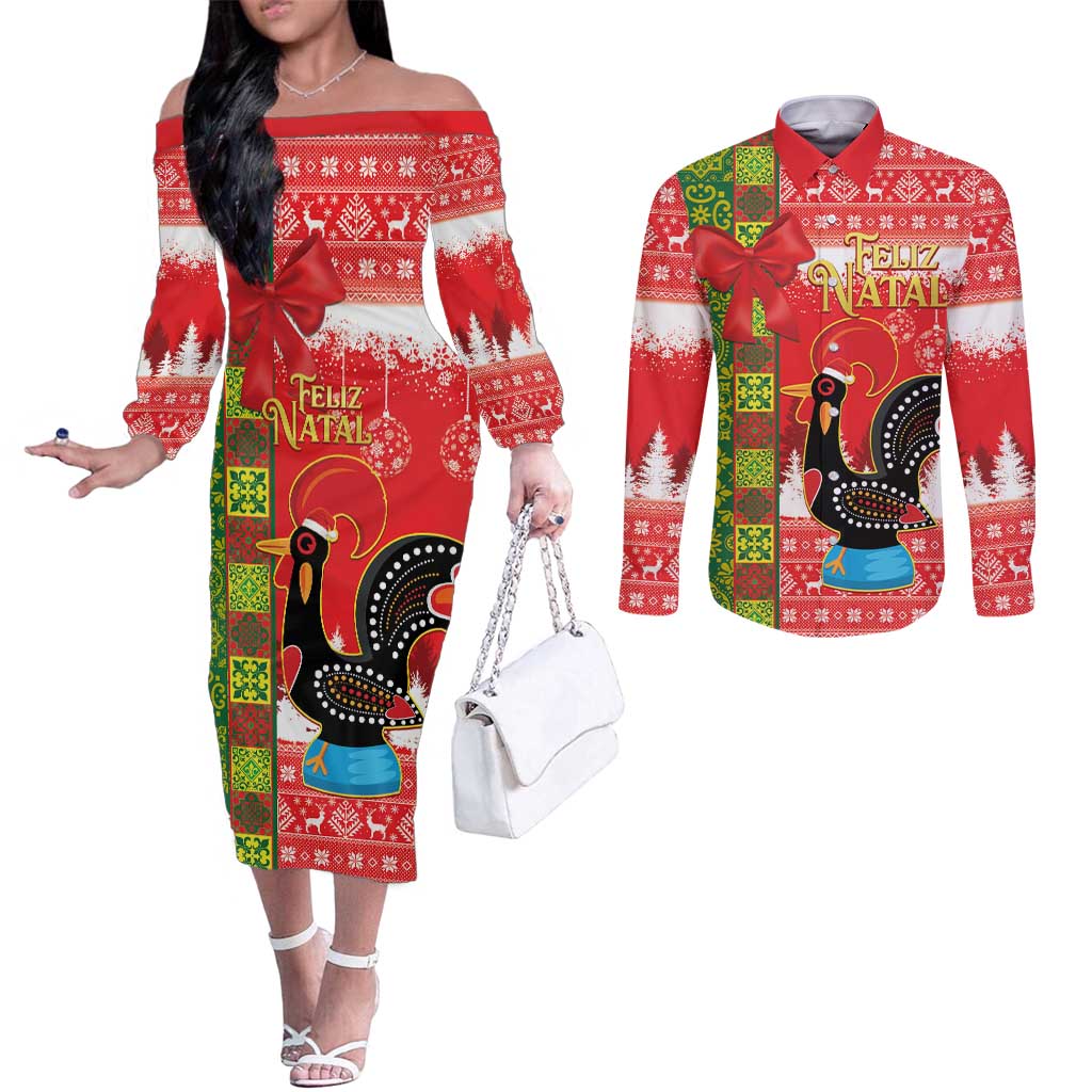 Portugal Christmas Couples Matching Off The Shoulder Long Sleeve Dress and Long Sleeve Button Shirt Barcelos Rooster Mix Azulejo Pattern - Feliz Natal