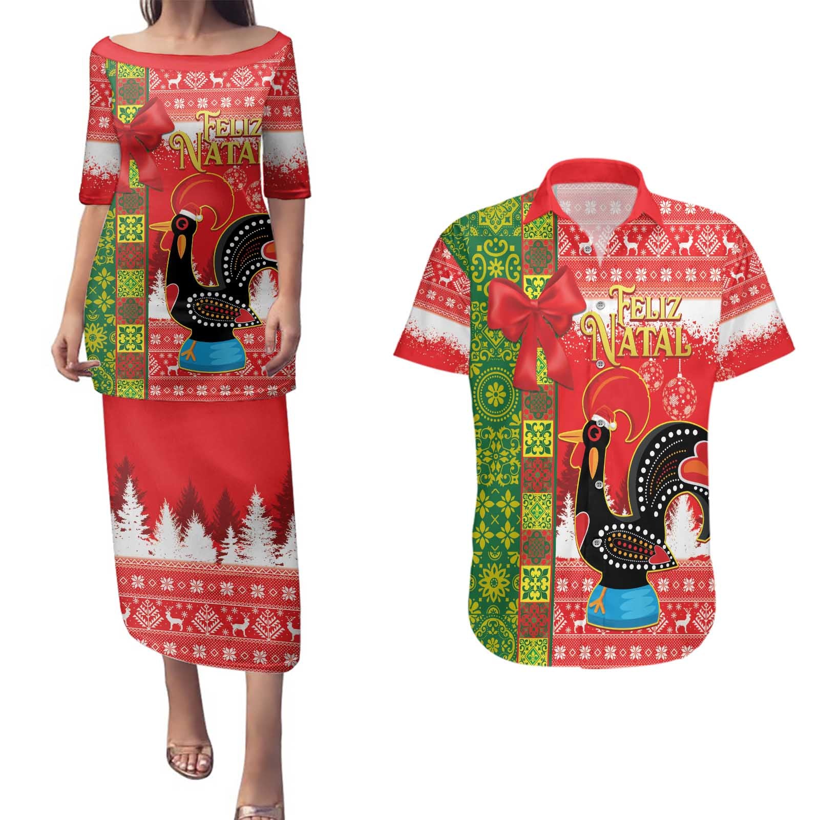 Portugal Christmas Couples Matching Puletasi and Hawaiian Shirt Barcelos Rooster Mix Azulejo Pattern - Feliz Natal - Wonder Print Shop