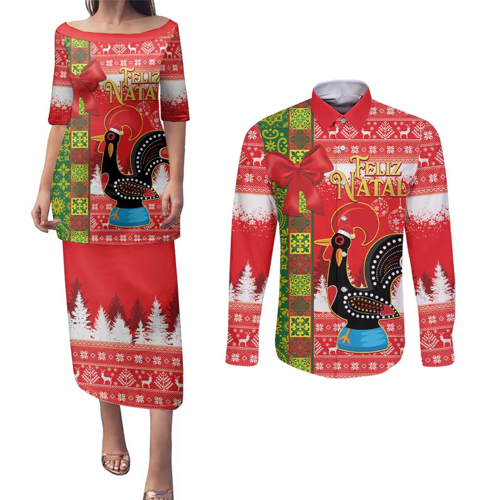 Portugal Christmas Couples Matching Puletasi and Long Sleeve Button Shirt Barcelos Rooster Mix Azulejo Pattern - Feliz Natal - Wonder Print Shop