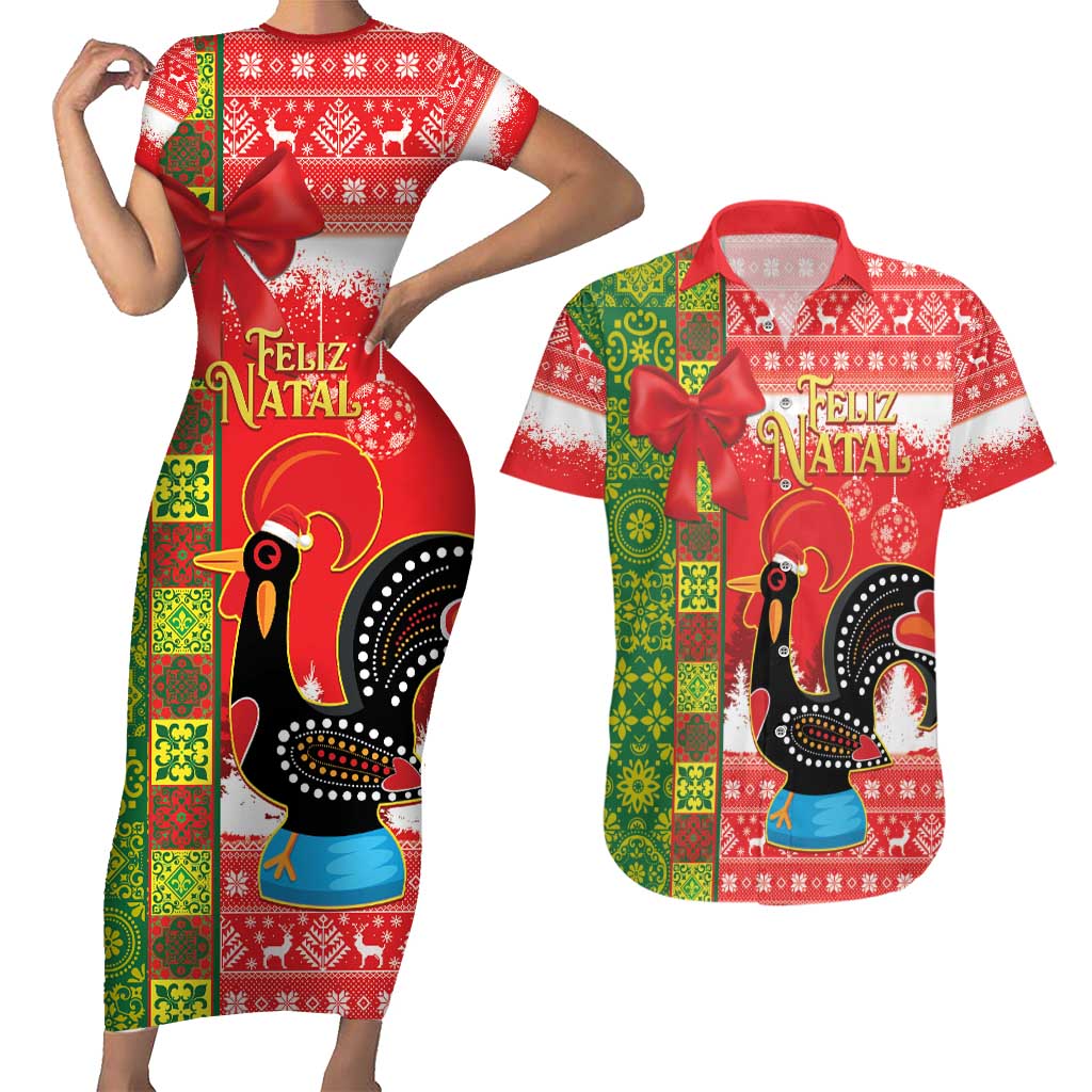 Portugal Christmas Couples Matching Short Sleeve Bodycon Dress and Hawaiian Shirt Barcelos Rooster Mix Azulejo Pattern - Feliz Natal - Wonder Print Shop