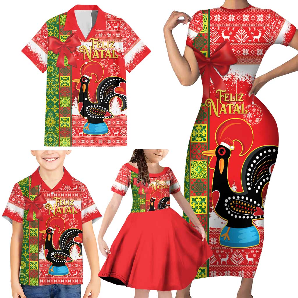 Portugal Christmas Family Matching Short Sleeve Bodycon Dress and Hawaiian Shirt Barcelos Rooster Mix Azulejo Pattern - Feliz Natal - Wonder Print Shop