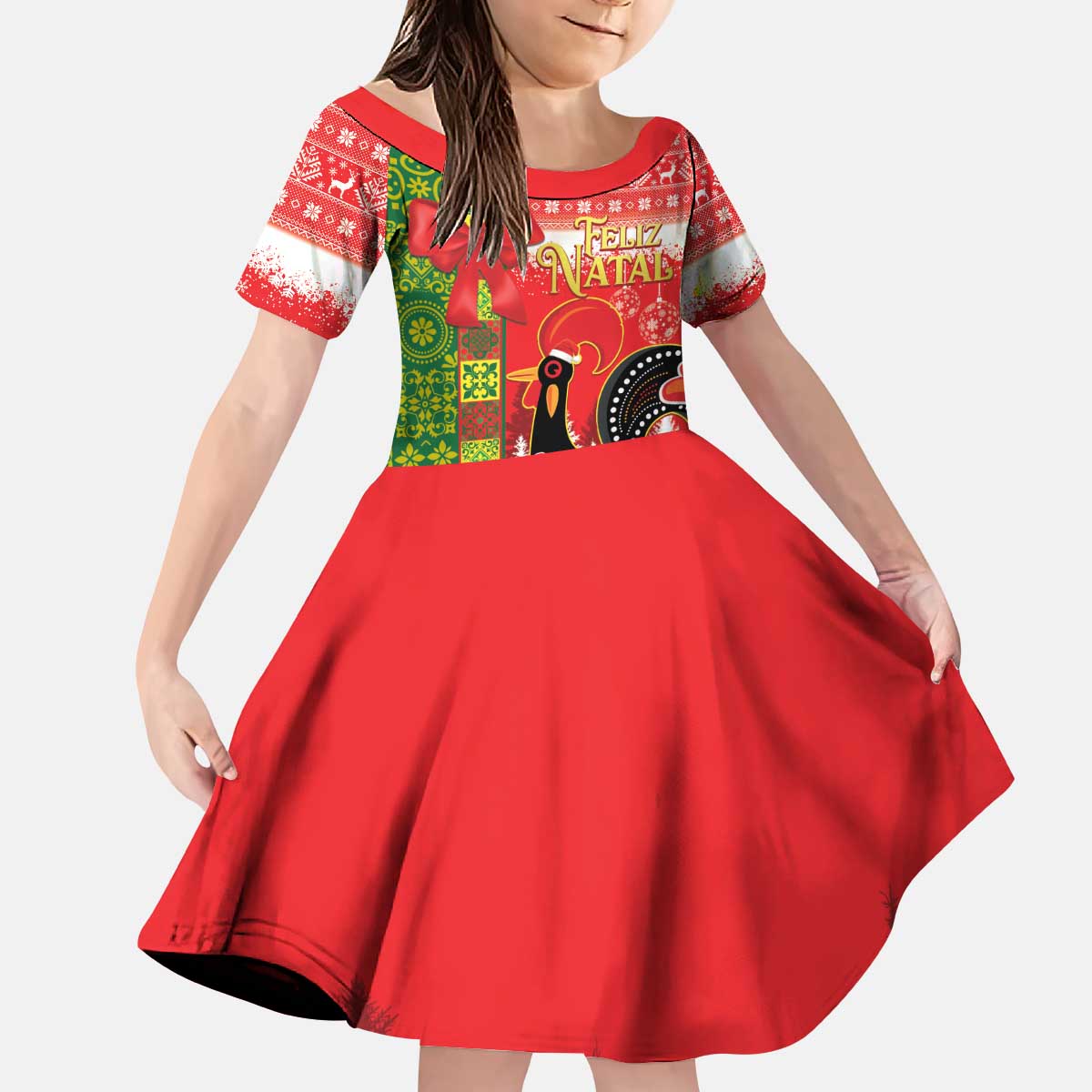 Portugal Christmas Kid Short Sleeve Dress Barcelos Rooster Mix Azulejo Pattern - Feliz Natal - Wonder Print Shop